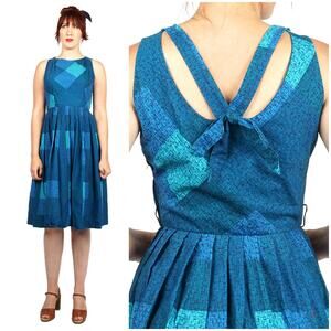 Vintage 1950s Fit Flare Blue Checkered Batik Dress Cutout Straps Spiegel | M